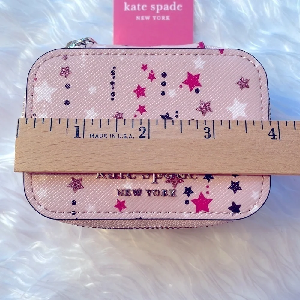 Brand New Kate Spade Genuine Leather Pink Stars Zippered Travel Jewelry Box